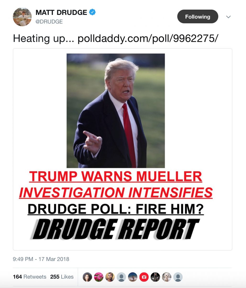 Matt Drudge Holds Online Poll: Should Trump Fire Robert Mueller?