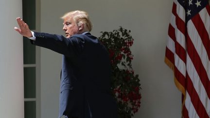 President Donald Trump waves goodbye at the White House