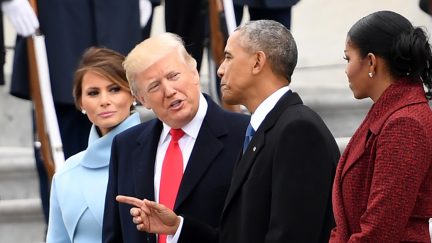 Former President Barack Obama and Michelle Obama say goodbye to President Donald Trump and First Lady Melania Trump before departing the US Capitol after inauguration ceremonies at the US Capitol in Washington, DC, on January 20, 2017.