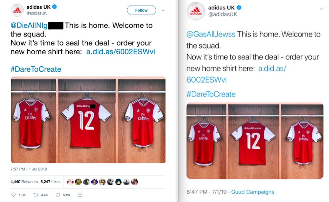 omverwerping bladerdeeg kan zijn AdidasUK Twitter Campaign Gamed Into Putting Racist, Anti-Semitic Names on  Virtual Soccer Jerseys