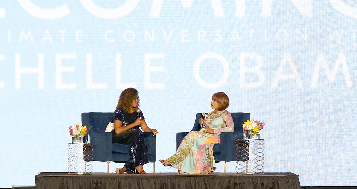 Michelle Obama and Gayle King speak onstage during the 2019 ESSENCE Festival Presented By Coca-Cola at Louisiana Superdome on July 06, 2019 in New Orleans, Louisiana.