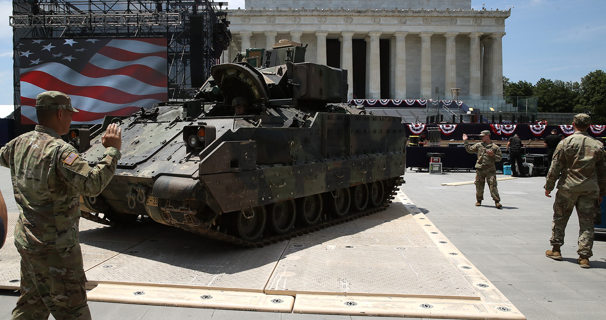 Members of the U.S. Army park an M1 Abrams tank in front of the Lincoln Memorial ahead of the Fourth of July "Salute to America" celebration on July 3, 2019 in Washington, DC. 