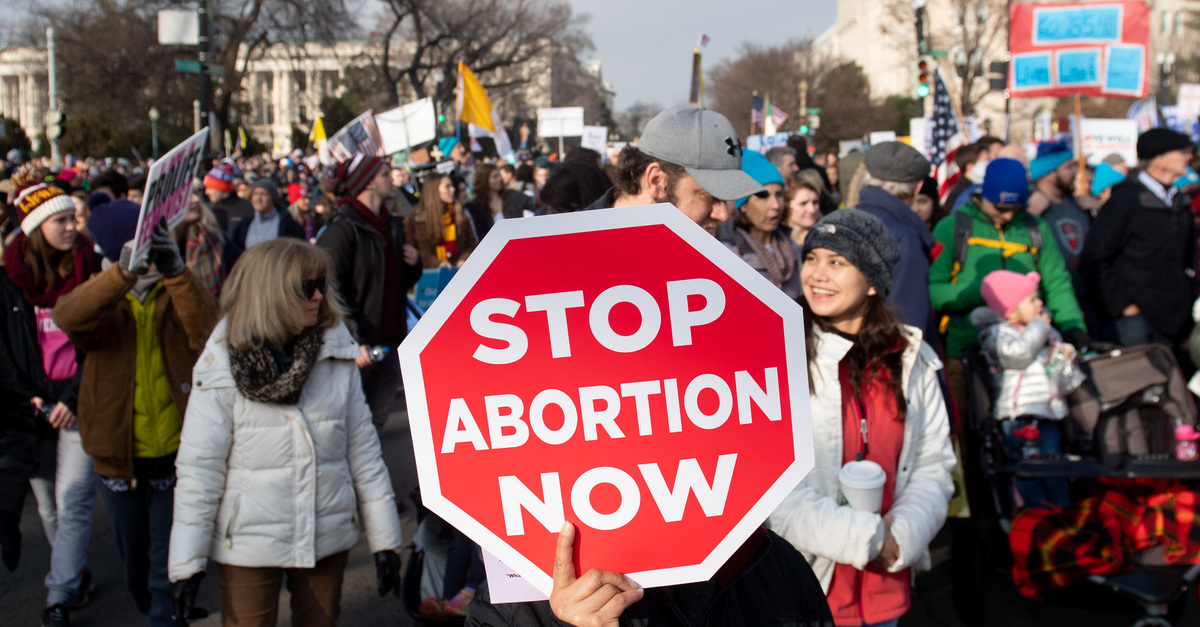 An anti-abortion protestor holds up a sign