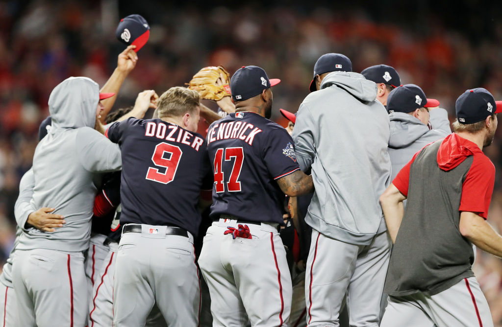 Washington Nationals celebrate after defeating the Houston Astros in Game Seven to win the 2019 World Serie