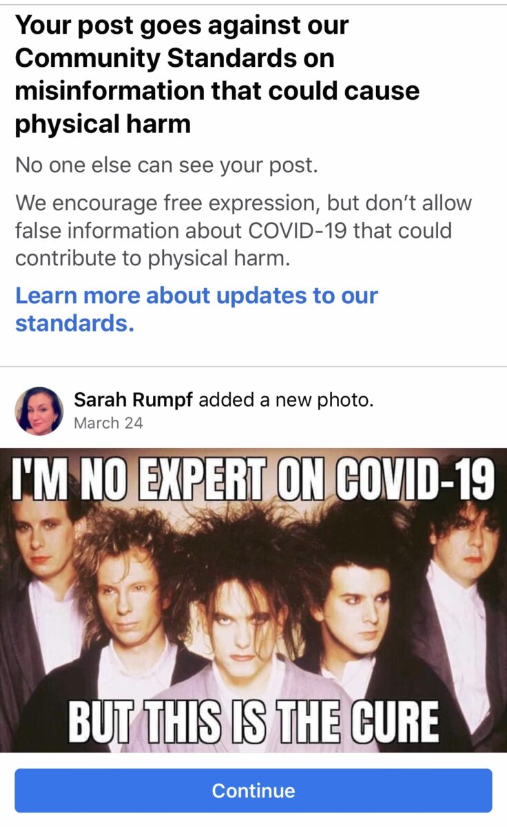 Facebook Removed My Silly Coronavirus Meme of The Cure