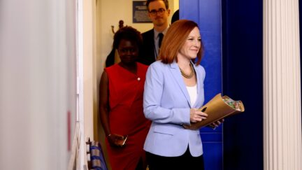 WASHINGTON, DC - MAY 21: White House Press Secretary Jen Psaki arrives to a daily press briefing at the James Brady Press Briefing Room of the White House on May 21, 2021 in Washington, DC. Psaki spoke on the recent ceasefire between Hamas and Israel as well as the White House reopening further to more people. (Photo by Anna Moneymaker/Getty Images)(Photo by Anna Moneymaker/Getty Images)