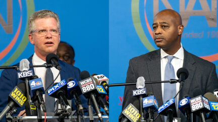 New York City Mayoral candidates Shaun Donovan and Ray McGuire speak during a press conference at the National Action Network's House of Justice in New York on March 18 2021