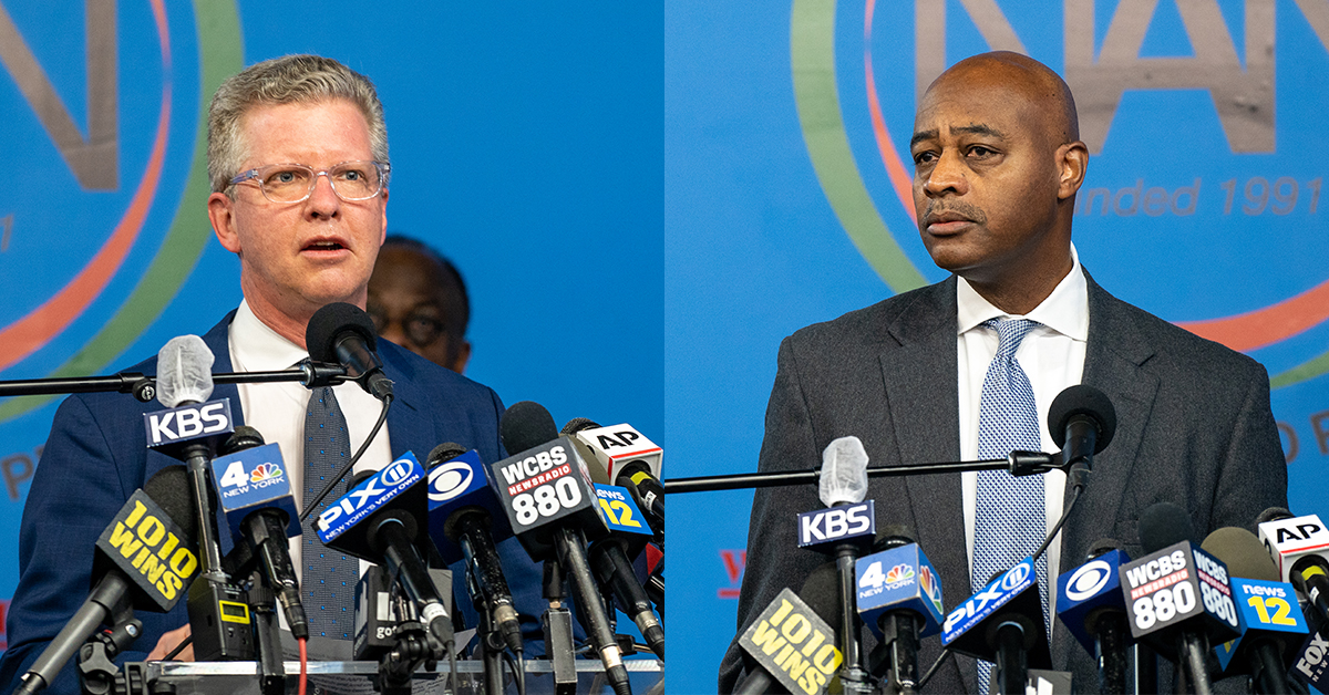 New York City Mayoral candidates Shaun Donovan and Ray McGuire speak during a press conference at the National Action Network's House of Justice in New York on March 18 2021