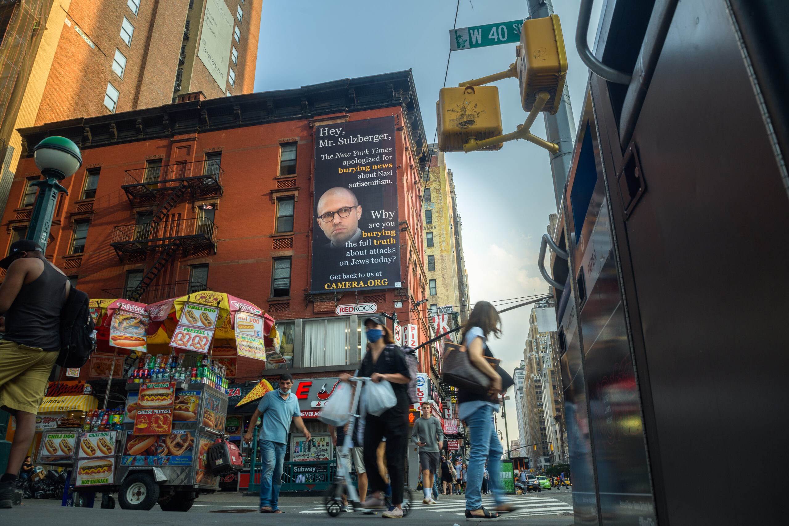 A billboard by the Committee for Accuracy in Middle East Reporting in America (CAMERA) addressed to New York Times chairman and publisher A.G. Sulzberger. Credit: CAMERA.