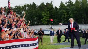 WELLINGTON, OHIO - JUNE 26: Former US President Donald Trump arrives for a rally at the Lorain County Fairgrounds on June 26, 2021 in Wellington, Ohio. Trump is in Ohio to campaign for his former White House advisor Max Miller. Miller is challenging incumbent Rep. Anthony Gonzales in the 16th congressional district GOP primary. This is Trump's first rally since leaving office.