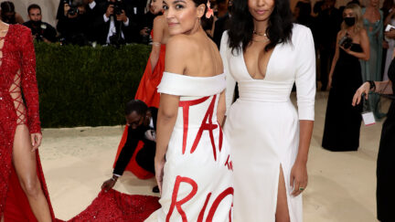 aoc and aurora james tax the rich met gala dress