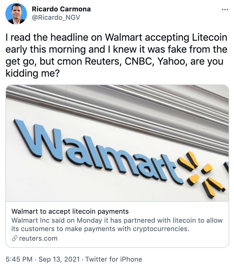 Reuters Runs Fake Press Release, Says Walmart to Accept Litecoin