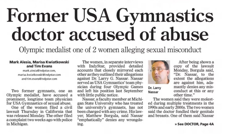 Indianapolis Star front page on Larry Nassar allegations