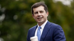 WASHINGTON, DC - OCTOBER 13: U.S. Transportation Secretary Pete Buttigieg arrives for a television interview with CNBC outside the White House October 13, 2021 in Washington, DC. With the holiday season approaching, President Biden is expected to announce that the Port of Los Angeles will begin to operate 24 hours a day in efforts to relieve the backlog in the supply chain that delivers goods to the United States. Americans have seen delays in a host of consumer goods, including electronics, cars, lumber, toys and more. (Photo by Drew Angerer/Getty Images)