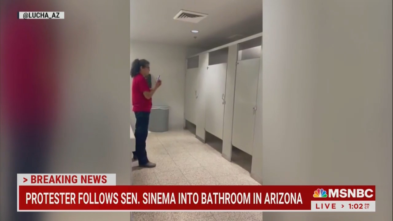 MSNBC showing Sinema being stalked and harassed in bathroom at ASU