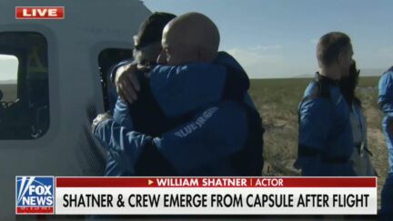 William Shatner hugs Jeff Bezos after space flight