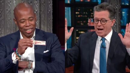 Eric Adams Gives Stephen Colbert Rolling Papers and a Bag of 'Weed'