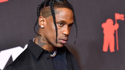 US rapper Travis Scott arrives for the 2021 MTV Video Music Awards at Barclays Center