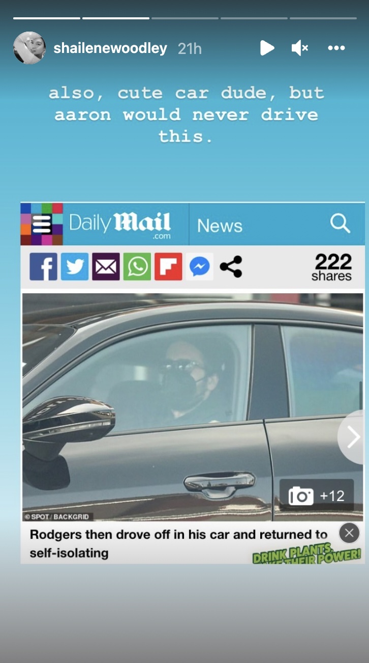 Shailene Woodley Instagram story about Aaron Rodgers