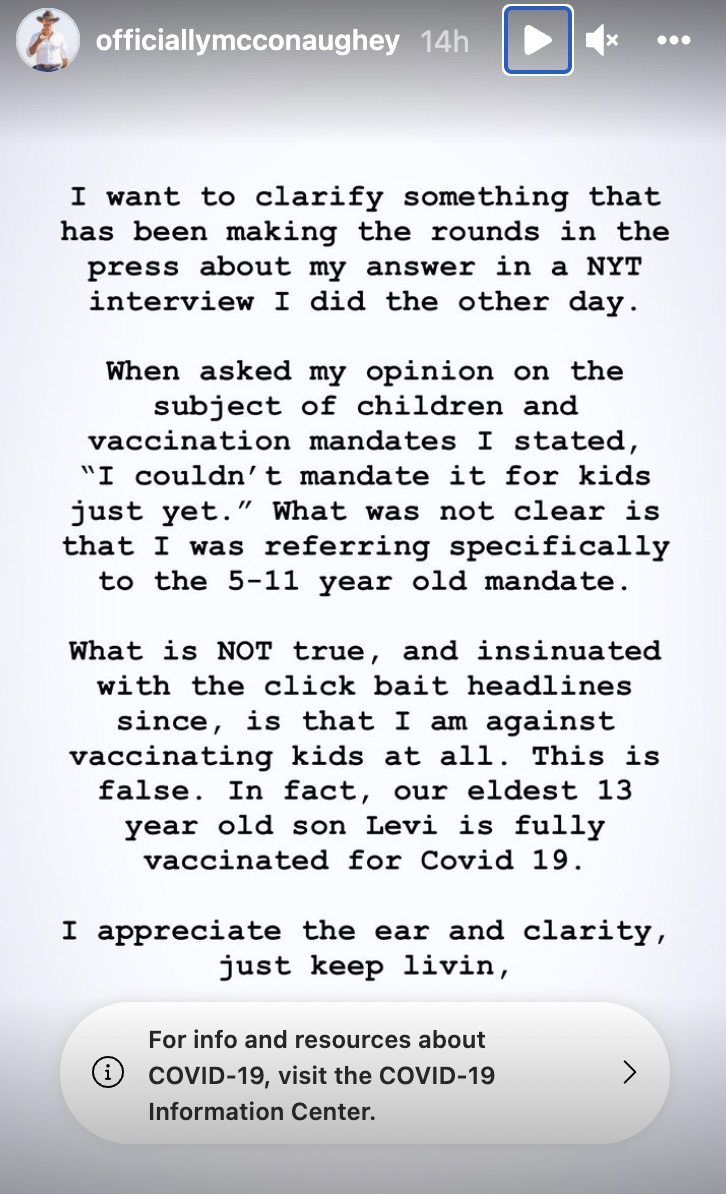 Matthew McConaughey's Instagram story clarifies remarks he made on Covid vax