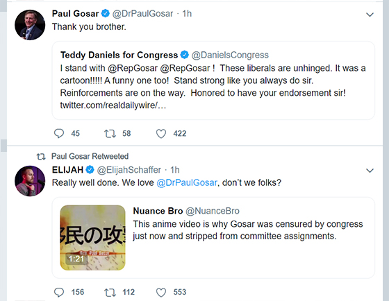 Paul Gosar retweets anime video he was censured for an hour earlier. Image via archive screenshot.