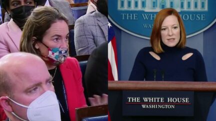Jen Psaki briefs reporters 12-10-2021 Annie Linskey split image