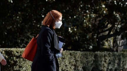 WASHINGTON, DC - JANUARY 11: Jen O'Malley Dillon, the White House Deputy Chief of Staff (L), and White House press secretary Jen Psaki, follow behind U.S. President Joe Biden to board Marine One on the South Lawn of the White House on January 11, 2022 in Washington, DC. President Biden is visiting Atlanta, Georgia, along with U.S. Vice President Kamala Harris and several lawmakers to deliver remarks on passing further voting rights legislation. Biden will also make stops at the King Center and Ebenezer Baptist Church. (Photo by Anna Moneymaker/Getty Images)