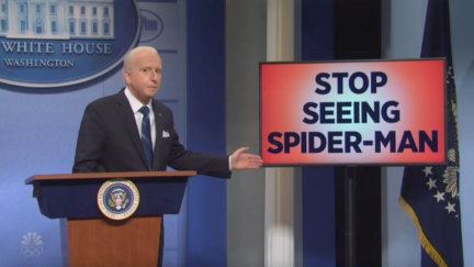 Saturday Night Live's cold open Joe Biden next to a stop seeing Spider-Man sign