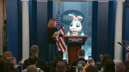 Jen Psaki wrangles control of podium from Easter bunny on April 18