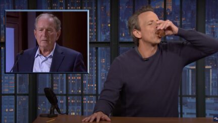 Seth Meyers does a shot of whiskey on Late Night