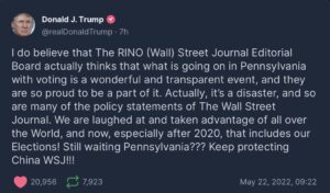 trump truth social post about wsj and PA election