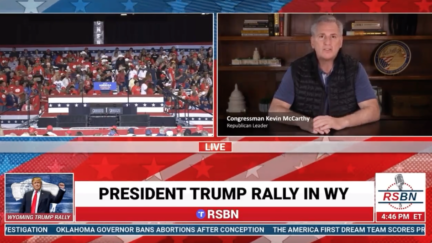 Kevin McCarthy speaks virtually at a Trump rally