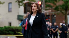 US Vice President Kamala Harris reacts as she arrives to visit the site of a shooting which left seven dead in Highland Park, Illinois, on July 5, 2022. - Robert Crimo, a 21-year-old man who allegedly opened fire on a July 4 parade in a wealthy Chicago suburb while disguised in women's clothing was charged with seven counts of first-degree murder on July 5, prosecutors said. Crimo was arrested on July 4, several hours after the attack on a festive Independence Day crowd. (Photo by KAMIL KRZACZYNSKI / AFP) (Photo by KAMIL KRZACZYNSKI/AFP via Getty Images)