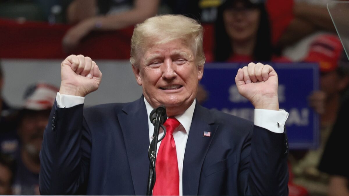 ANCHORAGE, ALASKA - JULY 09: Former U.S. President Donald Trump speaks during a "Save America" rally at Alaska Airlines Center on July 09, 2022 in Anchorage, Alaska. Former President Donald Trump held a "Save America" rally in Anchorage where he campaigned with U.S. House candidate former Alaska Gov. Sarah Palin and U.S. Senate candidate Kelly Tshibaka. (Photo by Justin Sullivan/Getty Images)