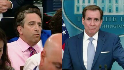 'Oh, My Goodness, Thank You!' Newsmax Reporter James Rosen Taken Aback When He Gets Called on at Briefing - Then Gets Blown Off - split image with John Kirby