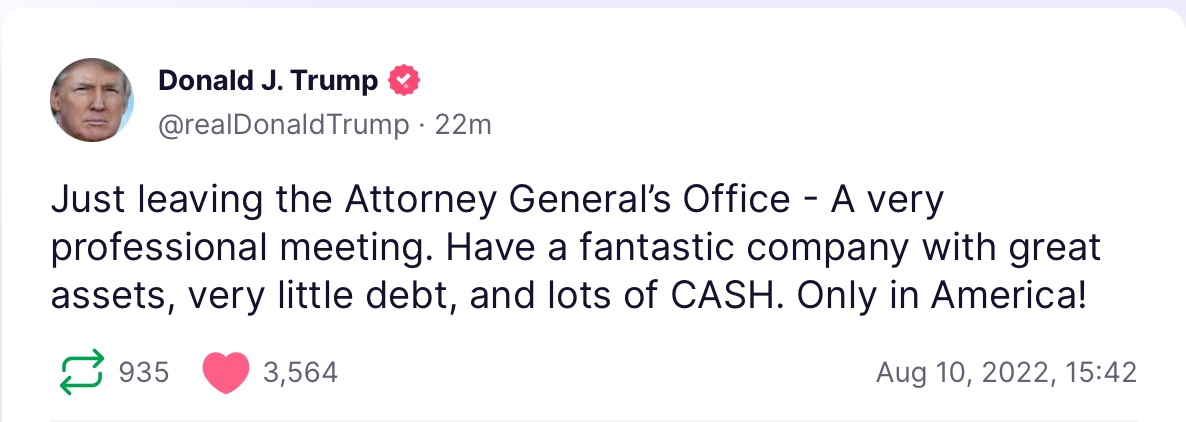 Trump post-AG meeting post on Truth Social