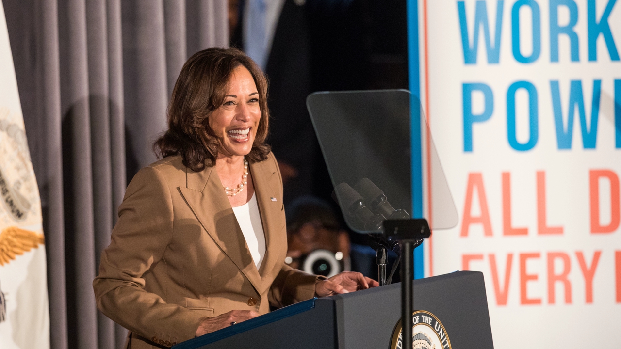 BOSTON, MA - SEPTEMBER 05: Vice President Kamala Harris speaks at the annual Greater Boston Labor Council breakfast at the Park Plaza Hotel on September 5, 2022 in Boston, Massachusetts.