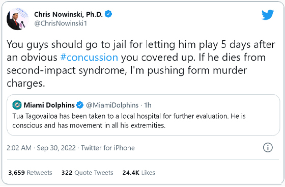 Renowned neuroscientist threatens murder charges against Dolphins for  handling of Tua concussion