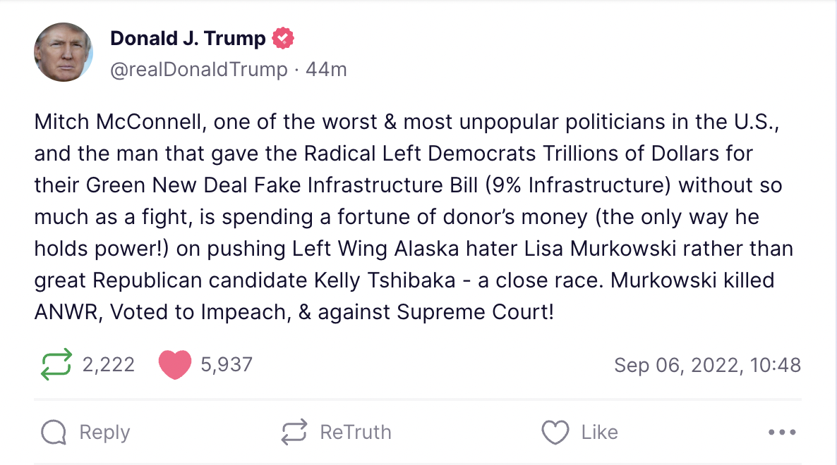 Trump Blasts 'Unpopular' McConnell on Truth Social