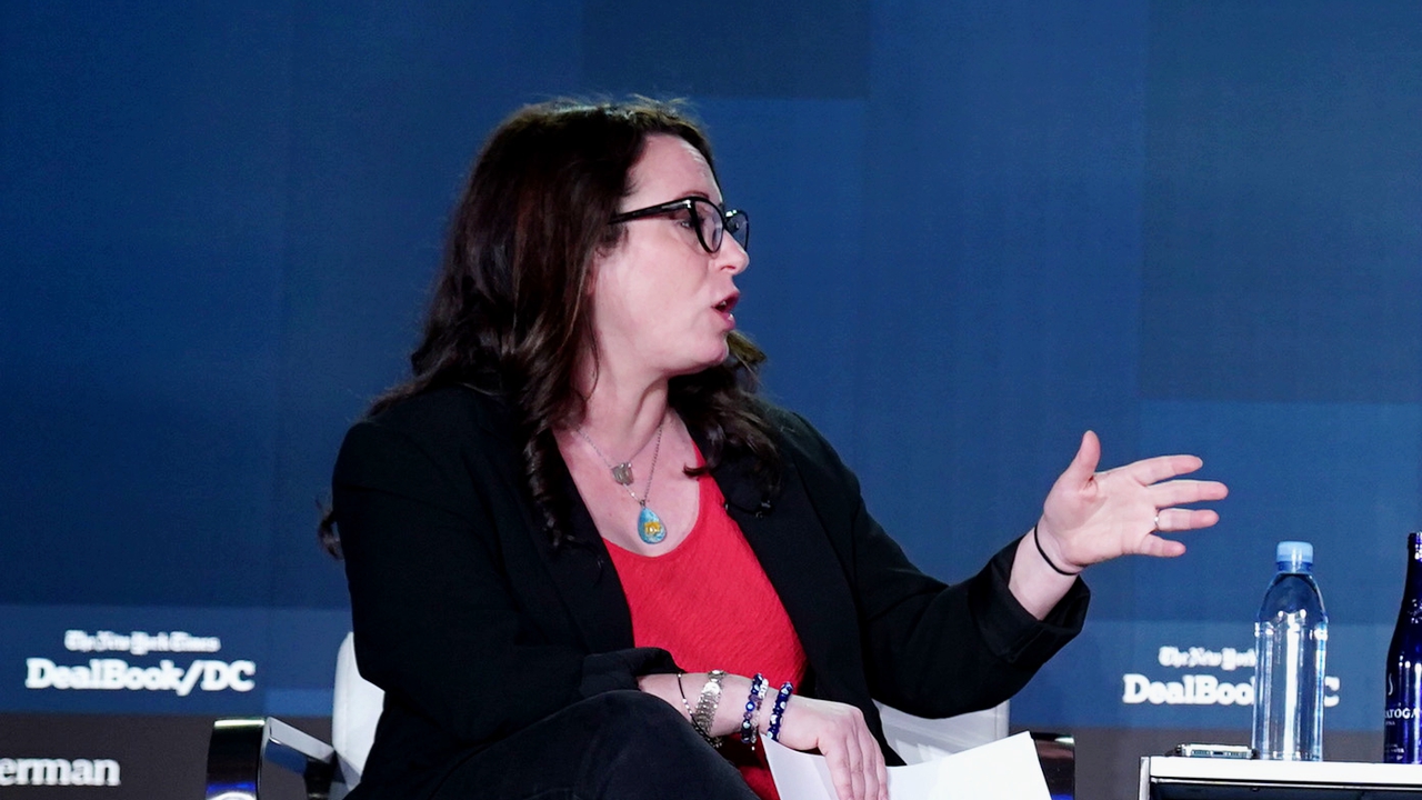 WASHINGTON, DC - JUNE 09: Maggie Haberman, Mike Allen and Eugene Daniels speak onstage at The New York Times DealBook DC policy forum on June 9, 2022 in Washington, DC.