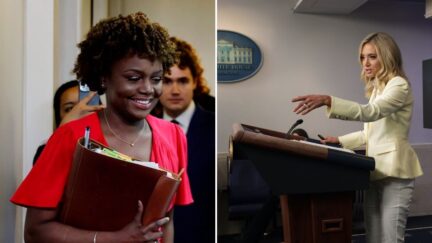 Karine Jean-Pierre and Kayleigh McEnany both with binders at White House Press Briefings