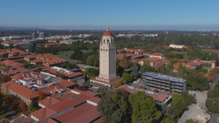 Aerial photo of Hoover Tower at Stanford University in California