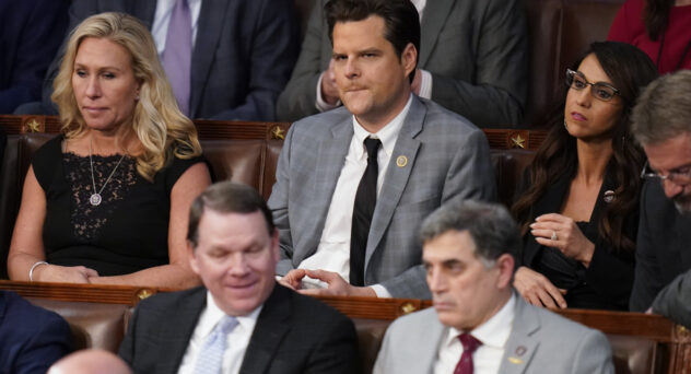 Rep. Marjorie Taylor Greene. R-Ga., left, Rep. Matt Gaetz, R-Fla., center, and Rep. Lauren Boebert, R-Colo., listen during the 15th round of votes in the House
