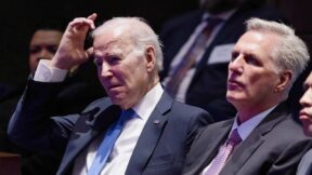From left, President Joe Biden, Speaker of the House Kevin McCarthy, R-Calif., House Minority Leader Hakeem Jeffries, D-N.Y., and House Majority Leader Steve Scalise, R-La., listen to a sermon as they sit together at the National Prayer Breakfast, at the Capitol in Washington, Thursday, Feb. 2, 2023. Biden made an appeal for civility as he addressed members of Congress.