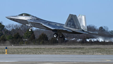 An F-22 Raptor takes off from Joint Base Langley-Eustis