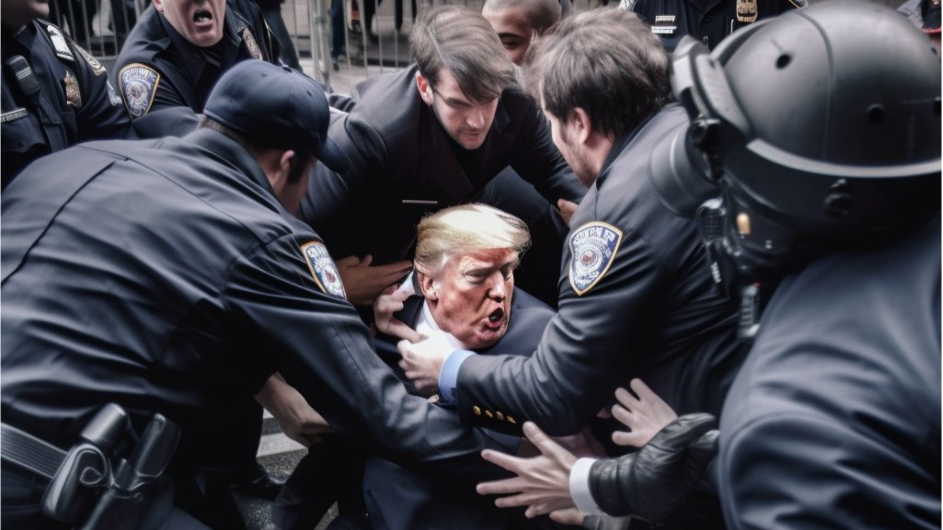 1 'Killing Me!' Trump Haters Having a Field Day With AI-Generated Photos of Cops Nailing and Jailing Trump Mug Shot takedown