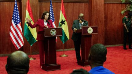 U.S. Vice President Kamala Harris, flanked by Ghana President Nana Akufo-Addo, addresses a news conference in Accra, Ghana, Monday March 27, 2023. Harris is on a seven-day African visit that will also take her to Tanzania and Zambia.