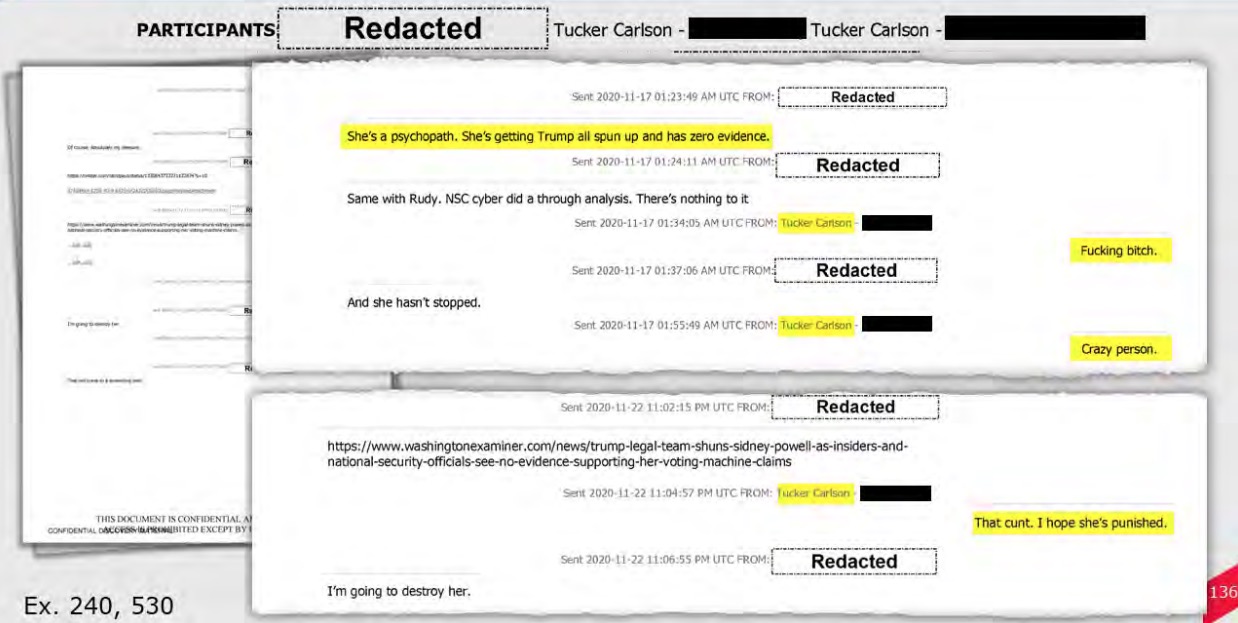 Dominion slide of communications between Tucker Carlson and an unknown Fox News staffer