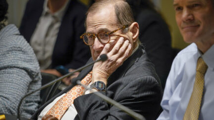 Rep. Jerry Nadler, D-N.Y., listens to proceedings alongside House Judiciary Committee Chair Jim Jordan, R-Ohio, right, during a House Judiciary Committee Field Hearing, Monday, April 17, 2023, in New York. Republicans upset with former President Donald Trump's indictment are escalating their war on Manhattan District Attorney Alvin Bragg who charged him, trying to embarrass him on his home turf.