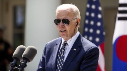 President Joe Biden answers questions during a joint press conference with President Yoon Suk Yeol of the Republic of Korea in the White House rose garden following morning meetings. The two presidents reaffirmed the alliance between the two countries and discussed its use in the East Asia region, beyond the boundaries of South Korea. The event is part of a formal visit by President Yoon Suk Yeol and First Lady Kim Keon-hee, and a state dinner will follow in the evening.